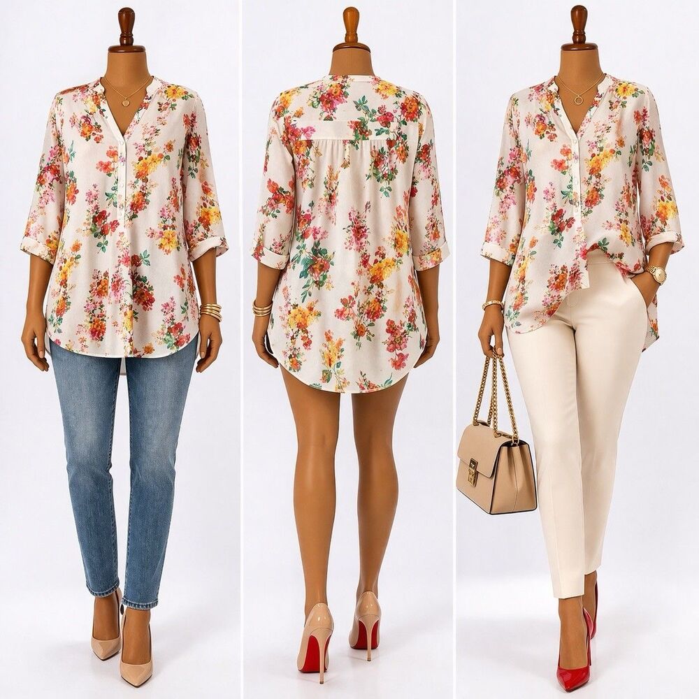 IMAN Women s Floral Blouse 3X Plus Size White Multicolor Tunic Button Front Boho